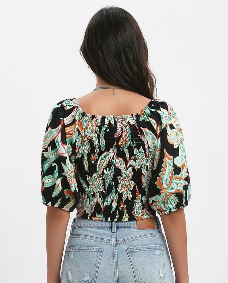 Ravin Paisley Smocked-Back Wrap Crop Top - Black & Green - O192259