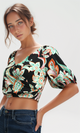 O192259 Elastic Waist Short Sleeves Cropped Top - Black & Green