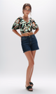 O192259 Elastic Waist Short Sleeves Cropped Top - Black & Green