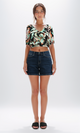 O192259 Elastic Waist Short Sleeves Cropped Top - Black & Green