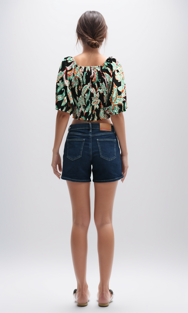 O192259 Elastic Waist Short Sleeves Cropped Top - Black & Green