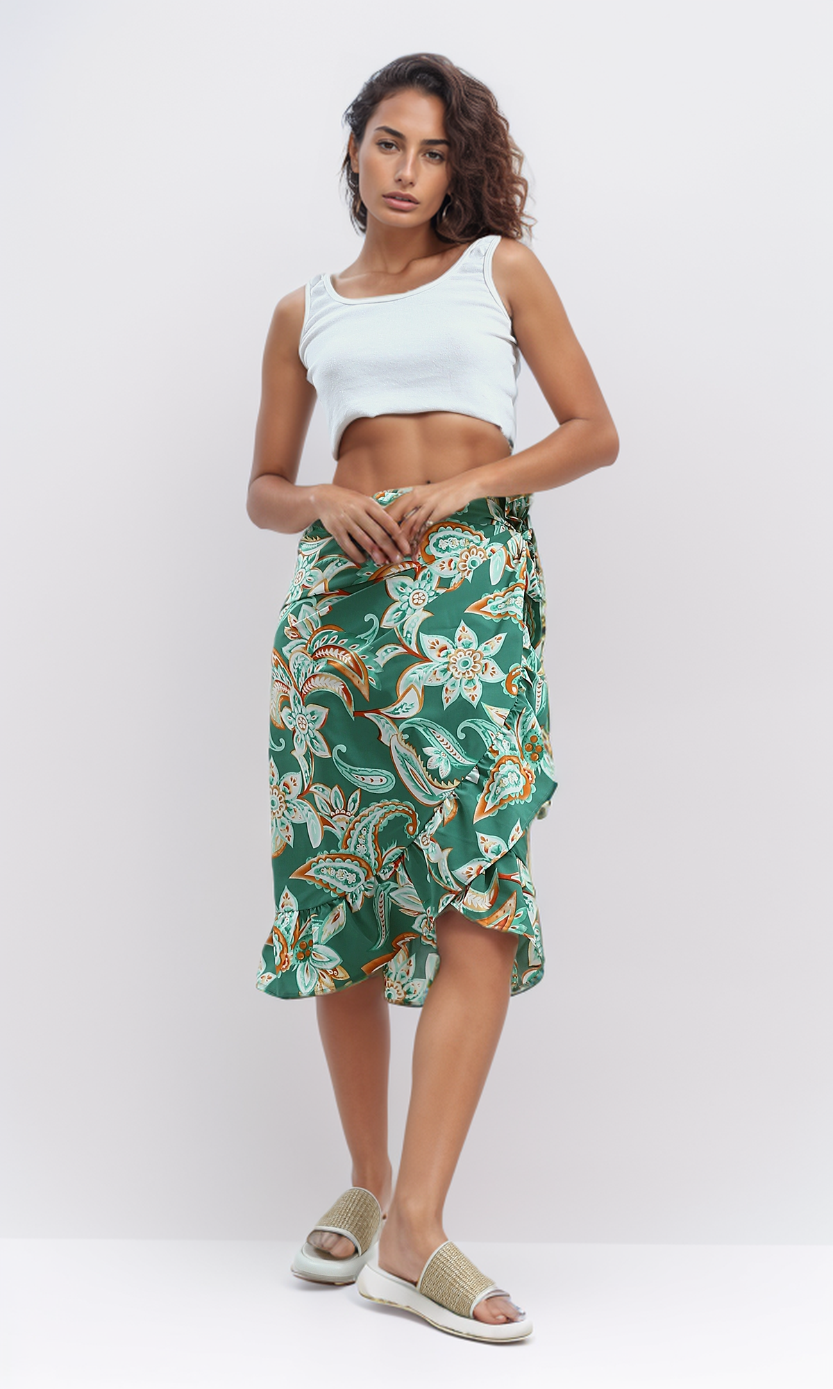 O192261 Drawstring Waist Fashionable Skirt - Green & White