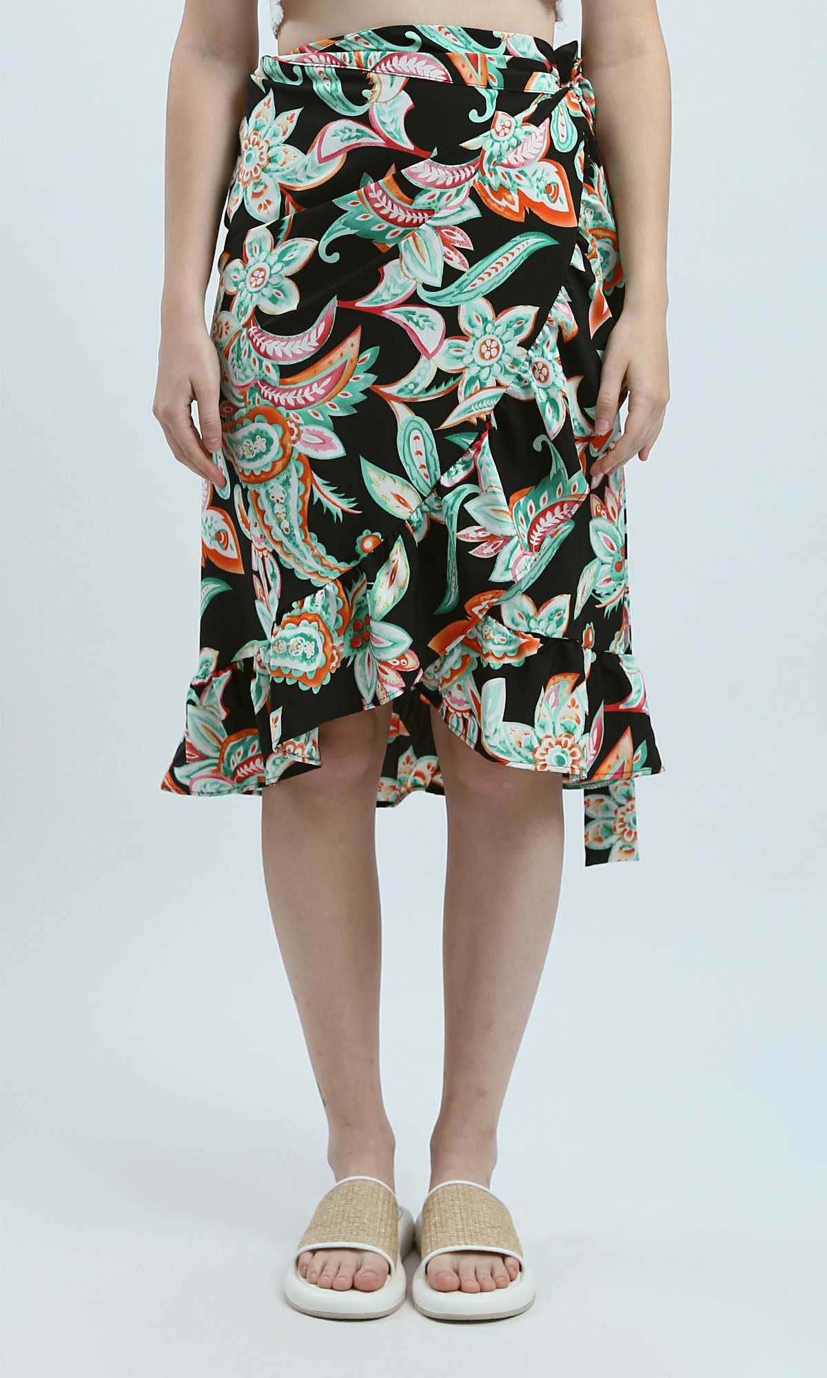 O192262 Black & Green Summer Drawstring Waist Skirt