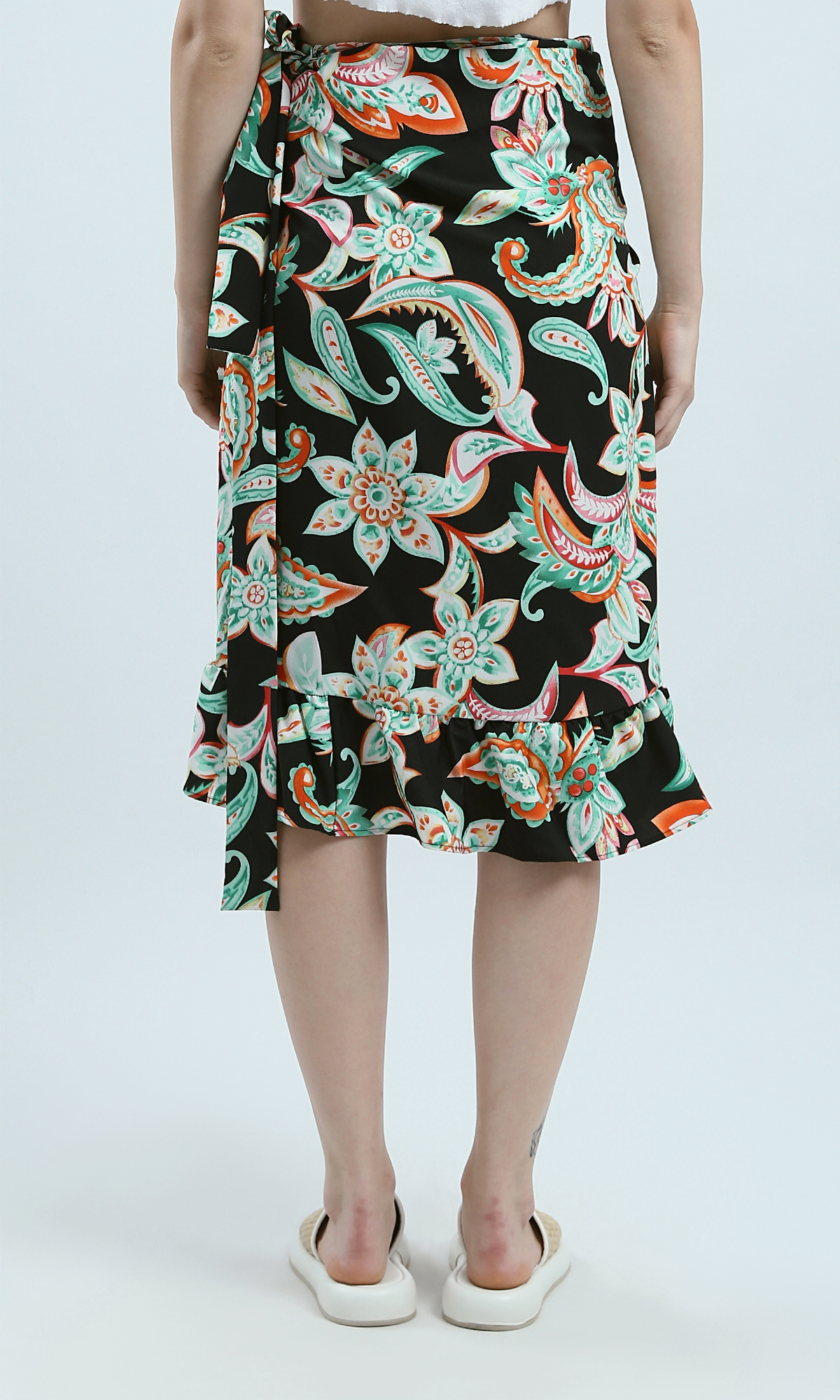 O192262 Black & Green Summer Drawstring Waist Skirt