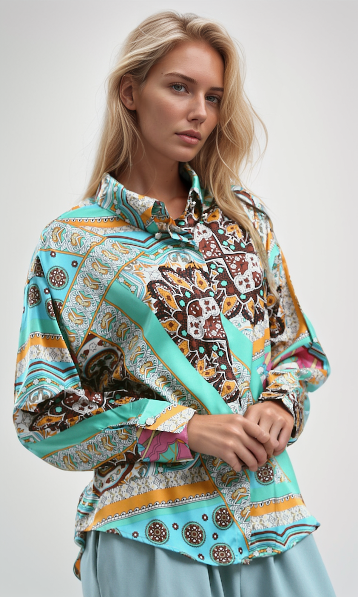 O192263 Long Sleeves Patterned Evening Shirt - Multicolors