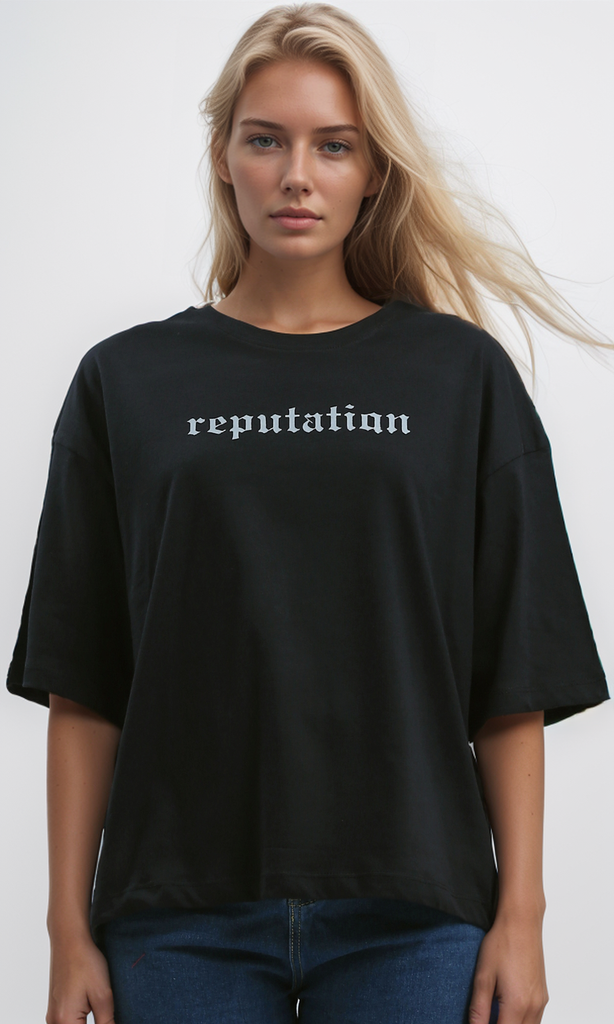 O192284 Printed "Reputation" Slip On Cotton Elbow Sleeves Tee