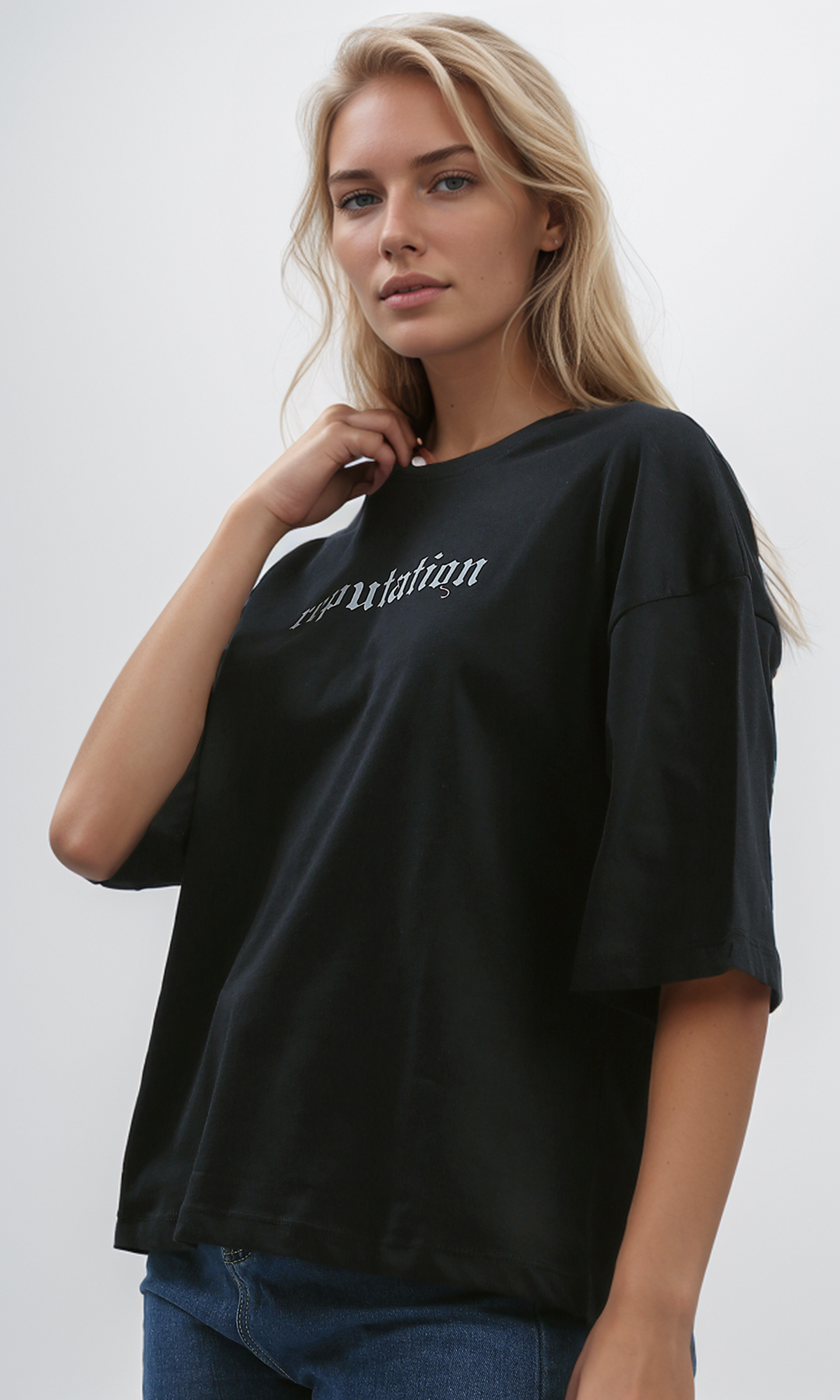 O192284 Printed "Reputation" Slip On Cotton Elbow Sleeves Tee