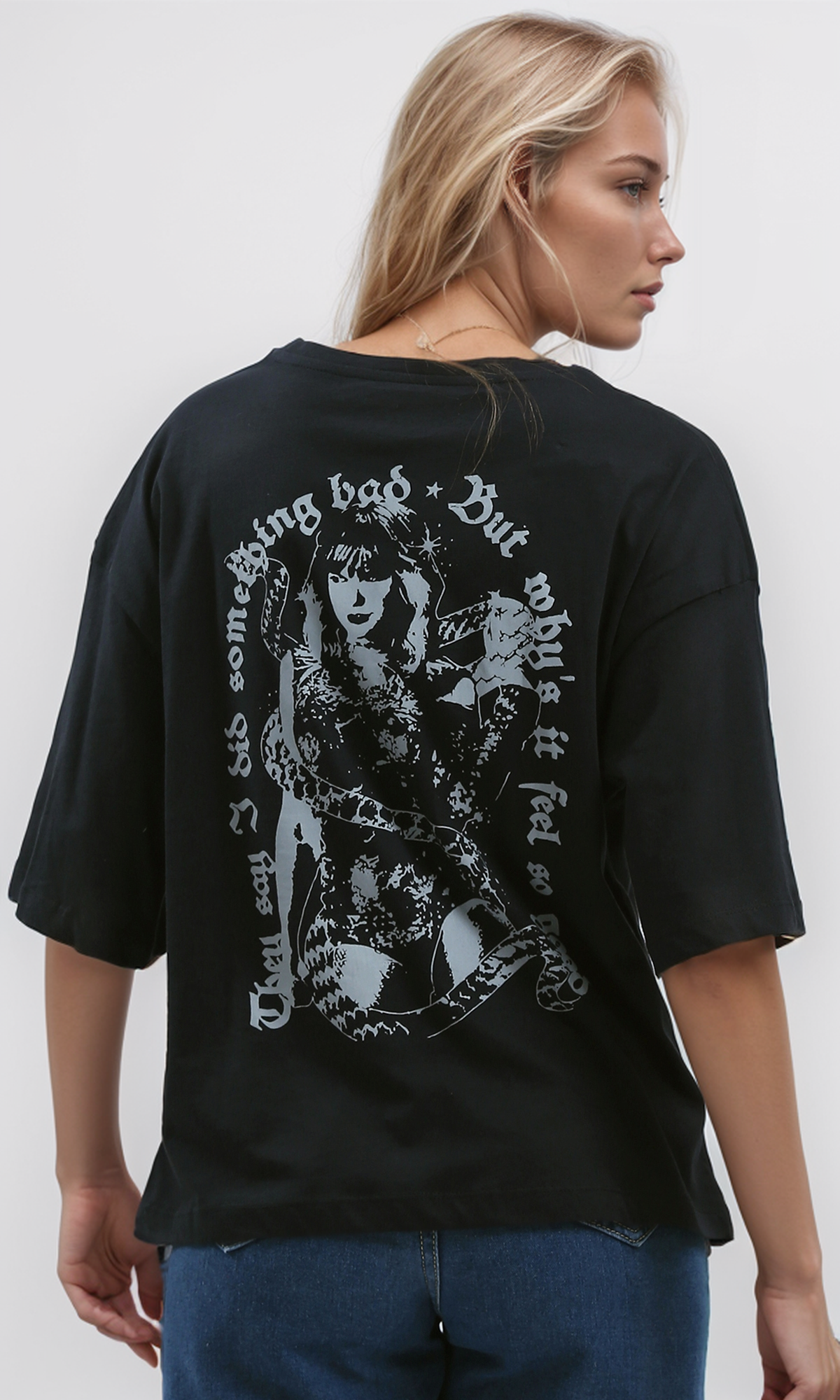 O192284 Printed "Reputation" Slip On Cotton Elbow Sleeves Tee