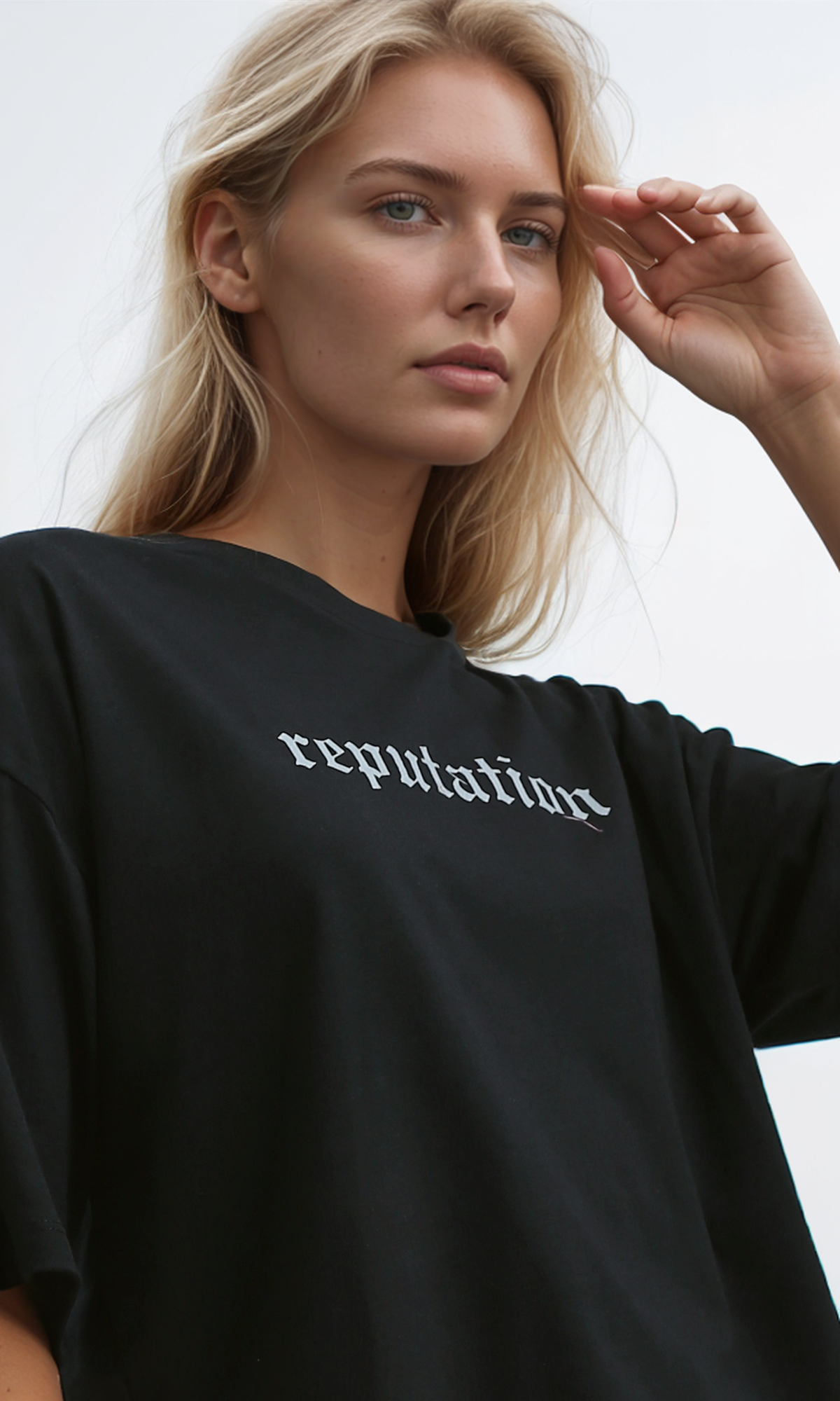 O192284 Printed "Reputation" Slip On Cotton Elbow Sleeves Tee