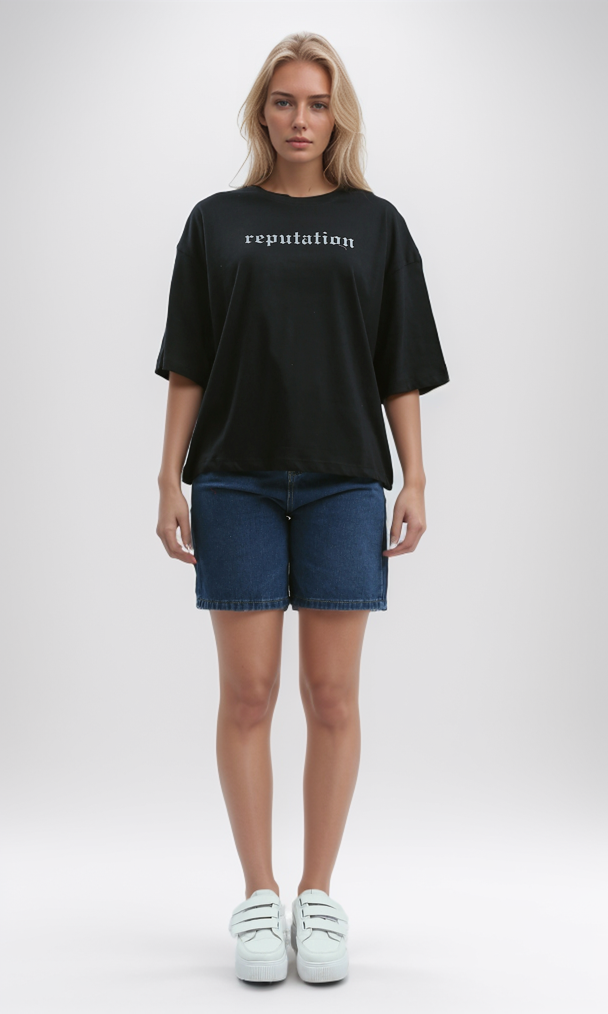 O192284 Printed "Reputation" Slip On Cotton Elbow Sleeves Tee