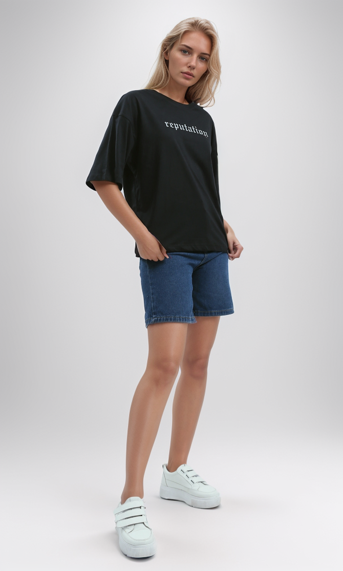 O192284 Printed "Reputation" Slip On Cotton Elbow Sleeves Tee