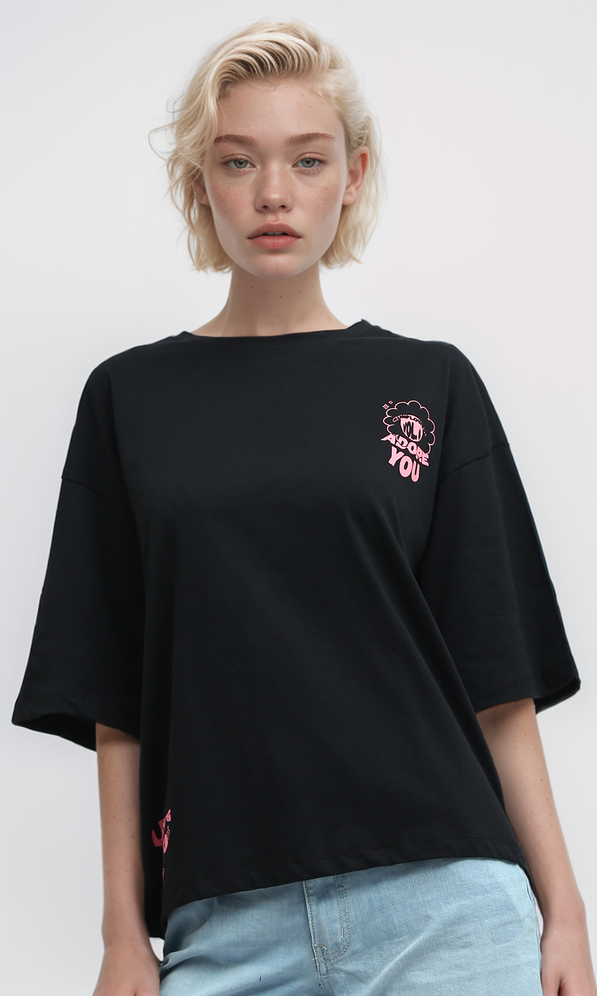O192285 Slip On Printed "Adore You" Black Printed Tee