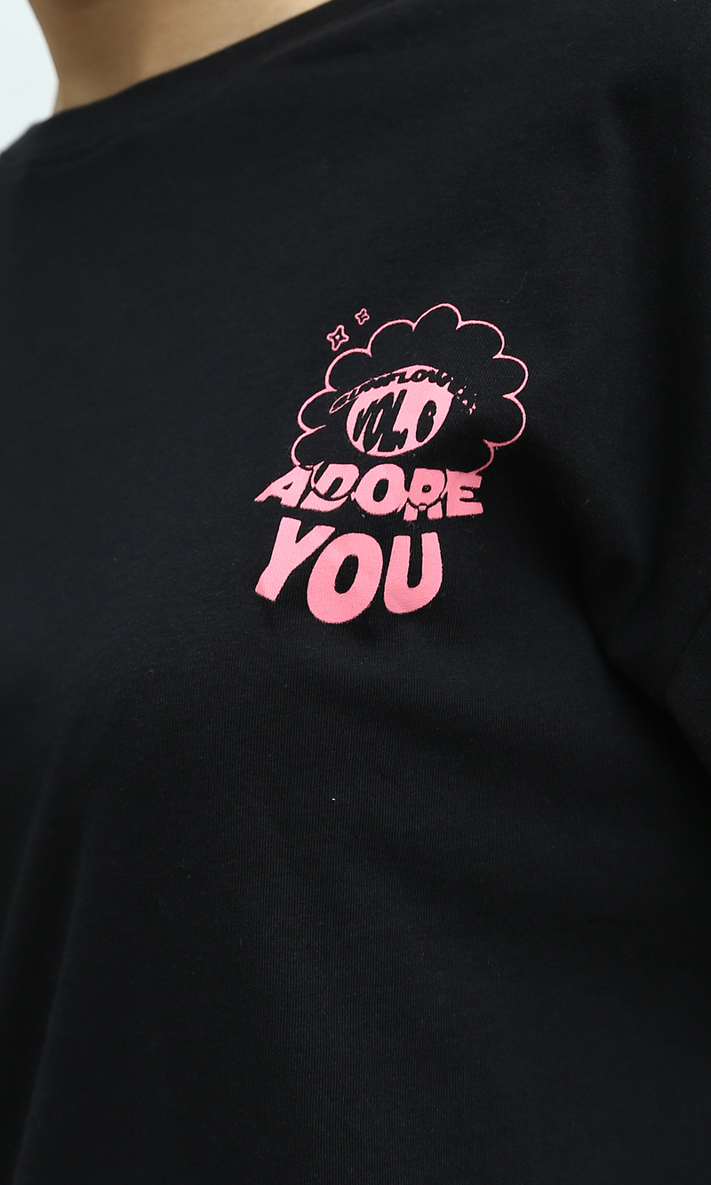 O192285 Slip On Printed "Adore You" Black Printed Tee