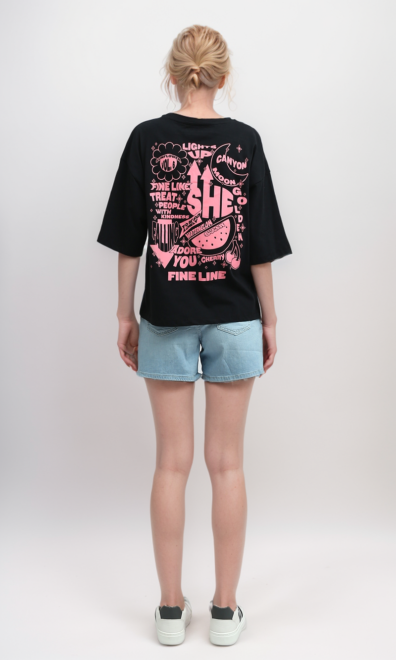 O192285 Slip On Printed "Adore You" Black Printed Tee