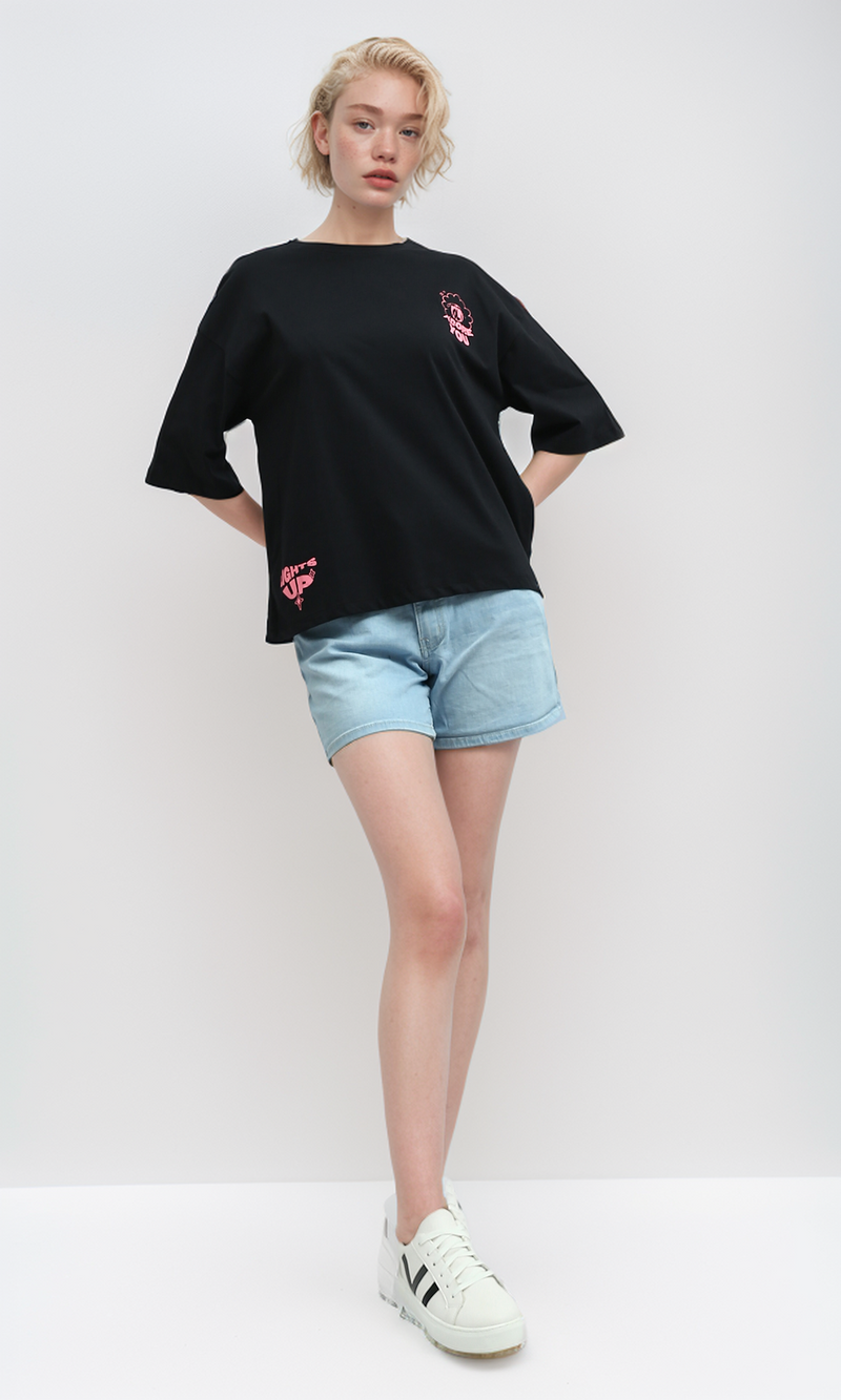 O192285 Slip On Printed "Adore You" Black Printed Tee