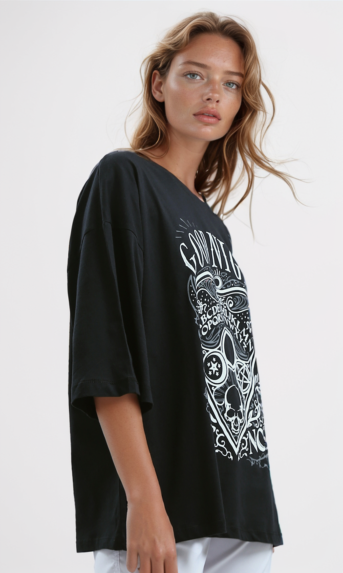 O192286 Printed Elbow-Sleeves Black Summer Long Tee