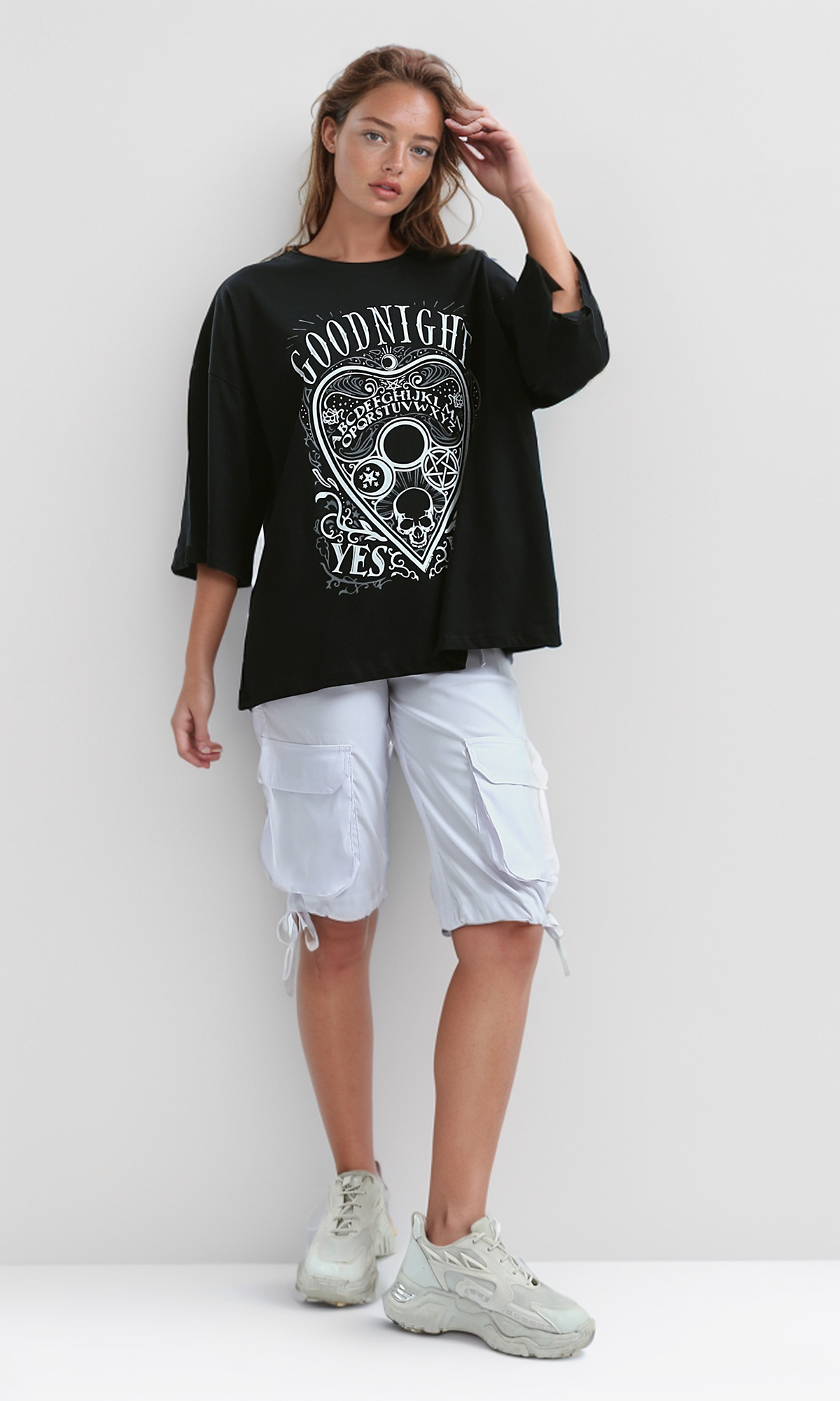 O192286 Printed Elbow-Sleeves Black Summer Long Tee