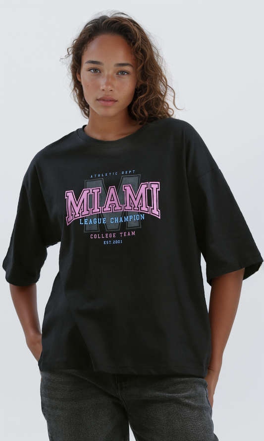 O192287 "Miami" Black Elbow Sleeves Printed Tee