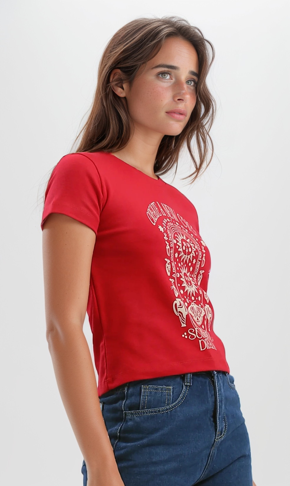 O192292 Front Printed Cropped Red Summer Short Tee