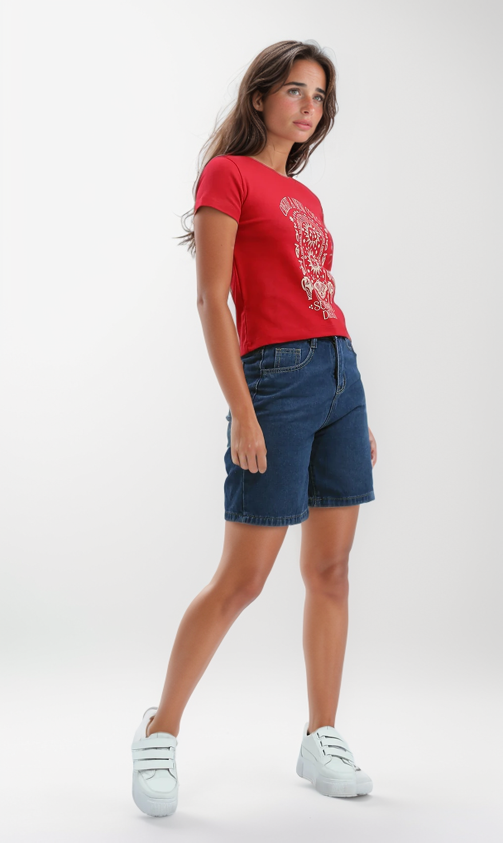 O192292 Front Printed Cropped Red Summer Short Tee