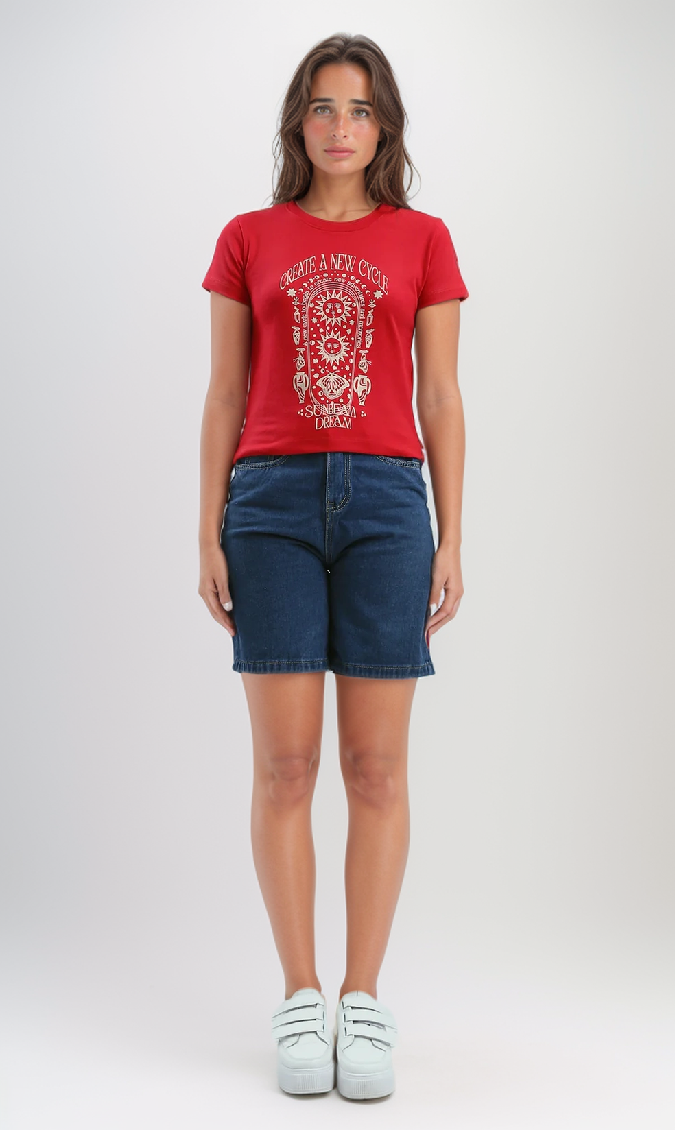 O192292 Front Printed Cropped Red Summer Short Tee