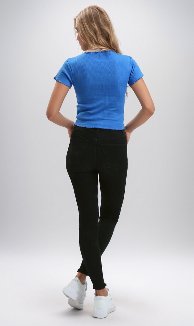 O192293 Blue Short Sleeves Slip On Cropped Top