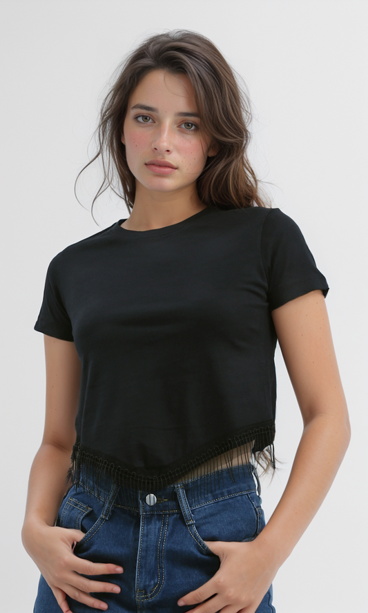 O192295 Fringe Black Top With Short Sleeves