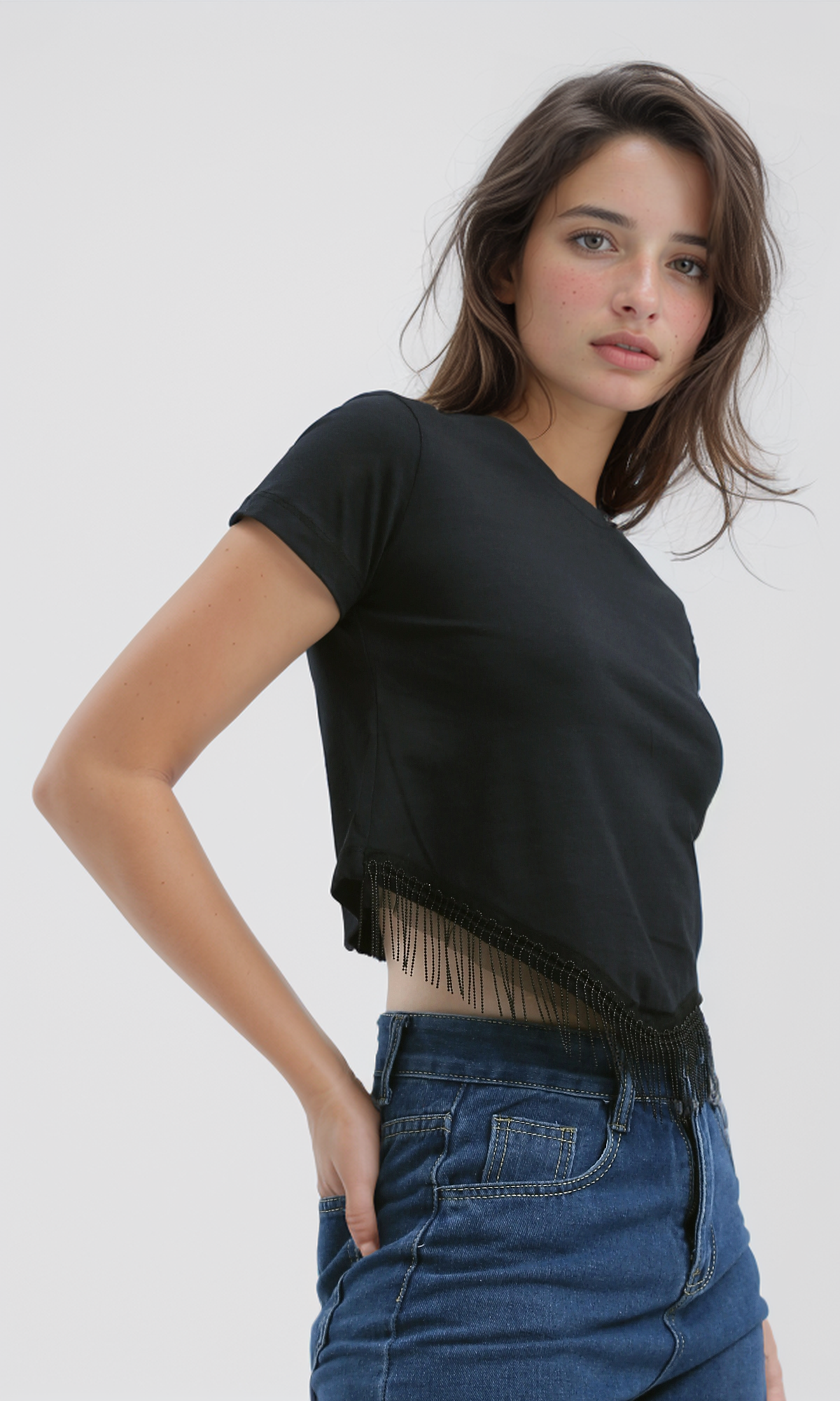 O192295 Fringe Black Top With Short Sleeves