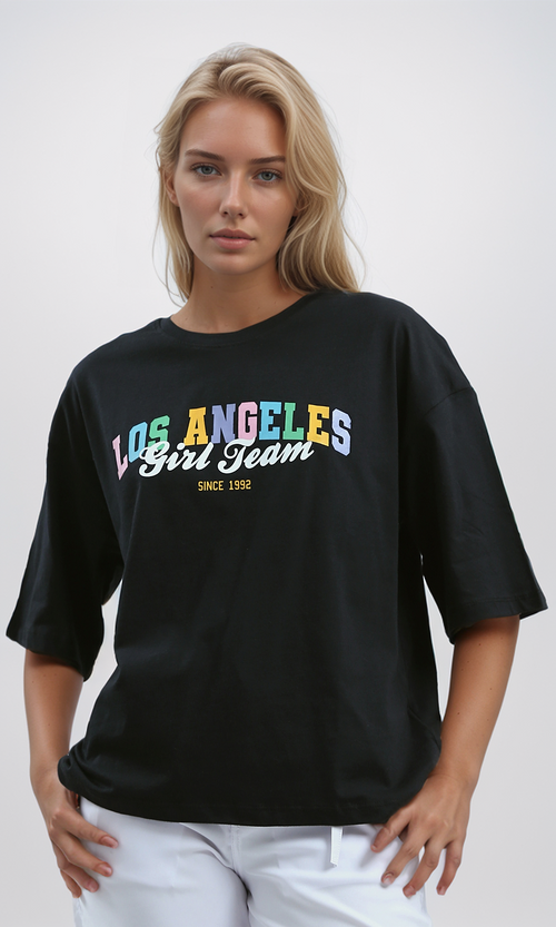 O192302 Black Printed Tee With Front "Los Angeles" Print