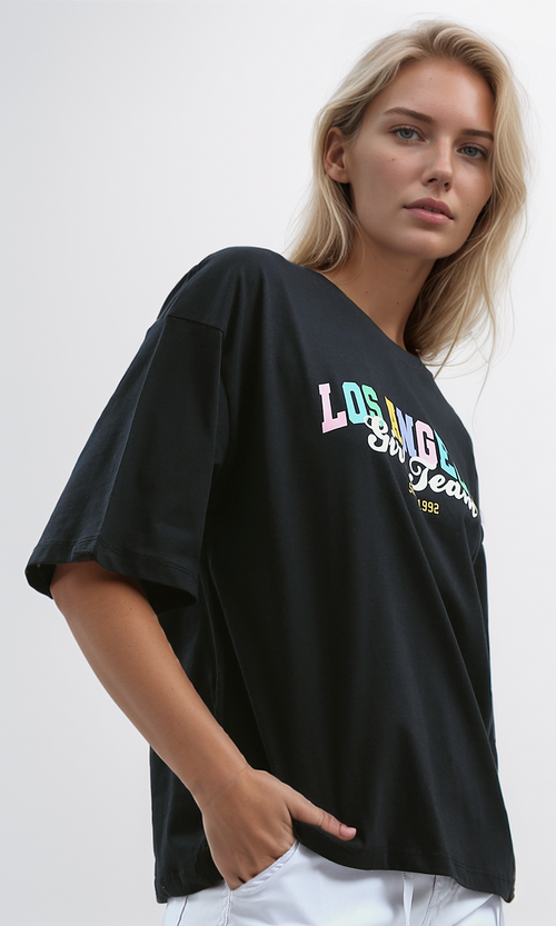 O192302 Black Printed Tee With Front "Los Angeles" Print