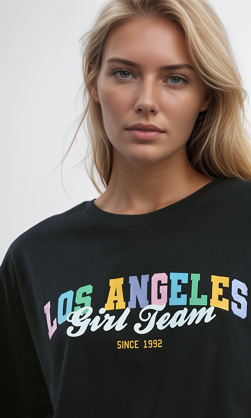O192302 Black Printed Tee With Front "Los Angeles" Print