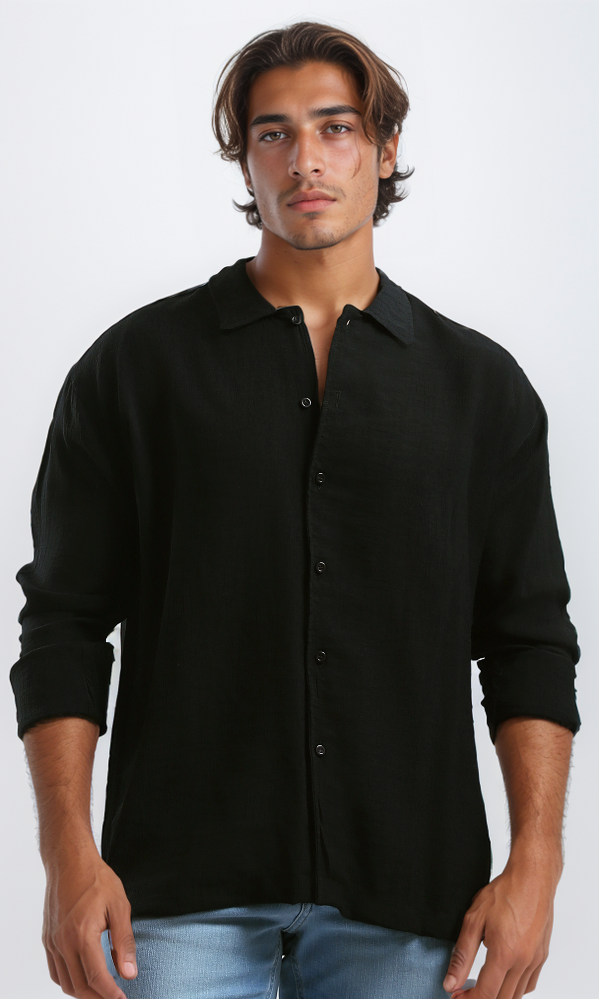 O192319 Full Buttons Long Sleeves Casual Black Shirt