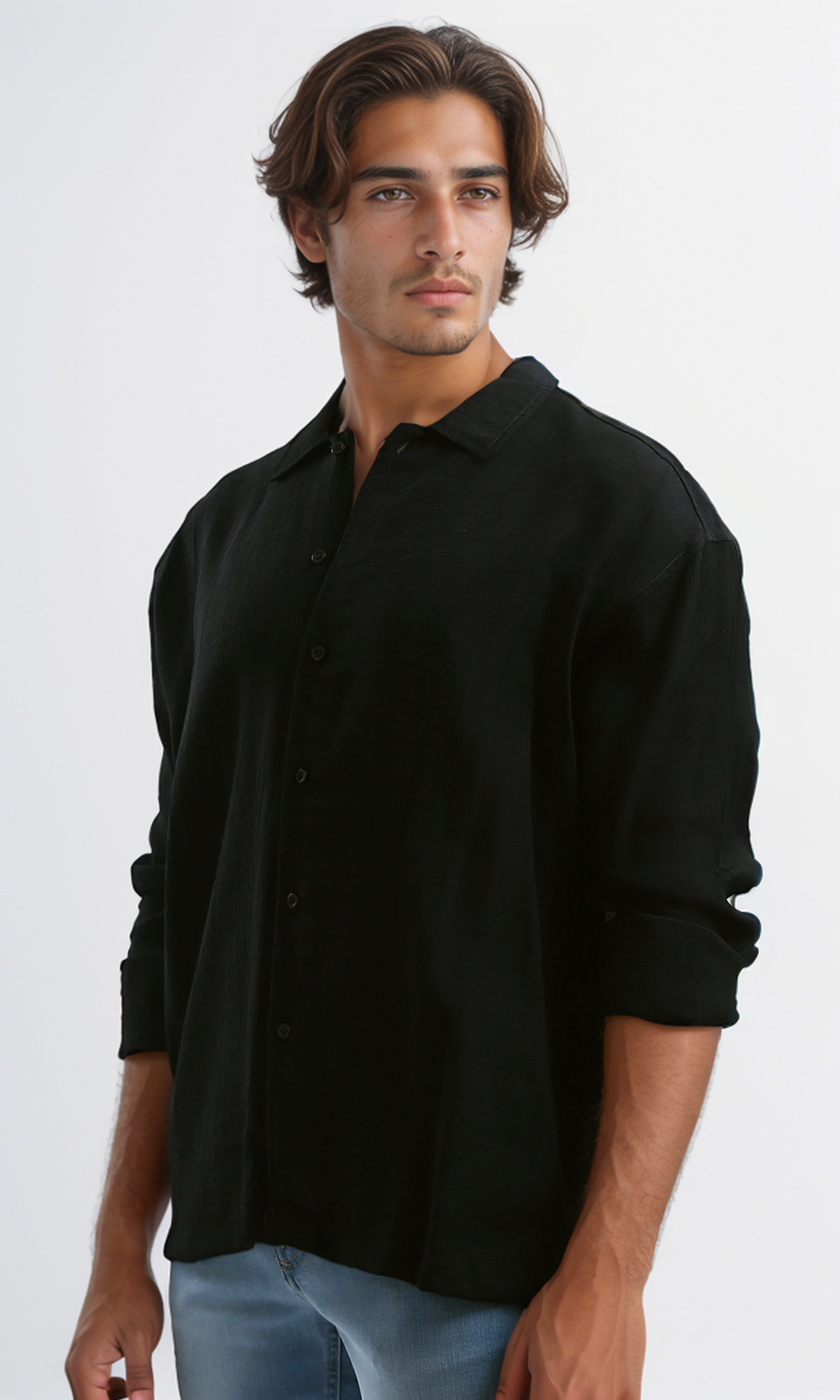 O192319 Full Buttons Long Sleeves Casual Black Shirt