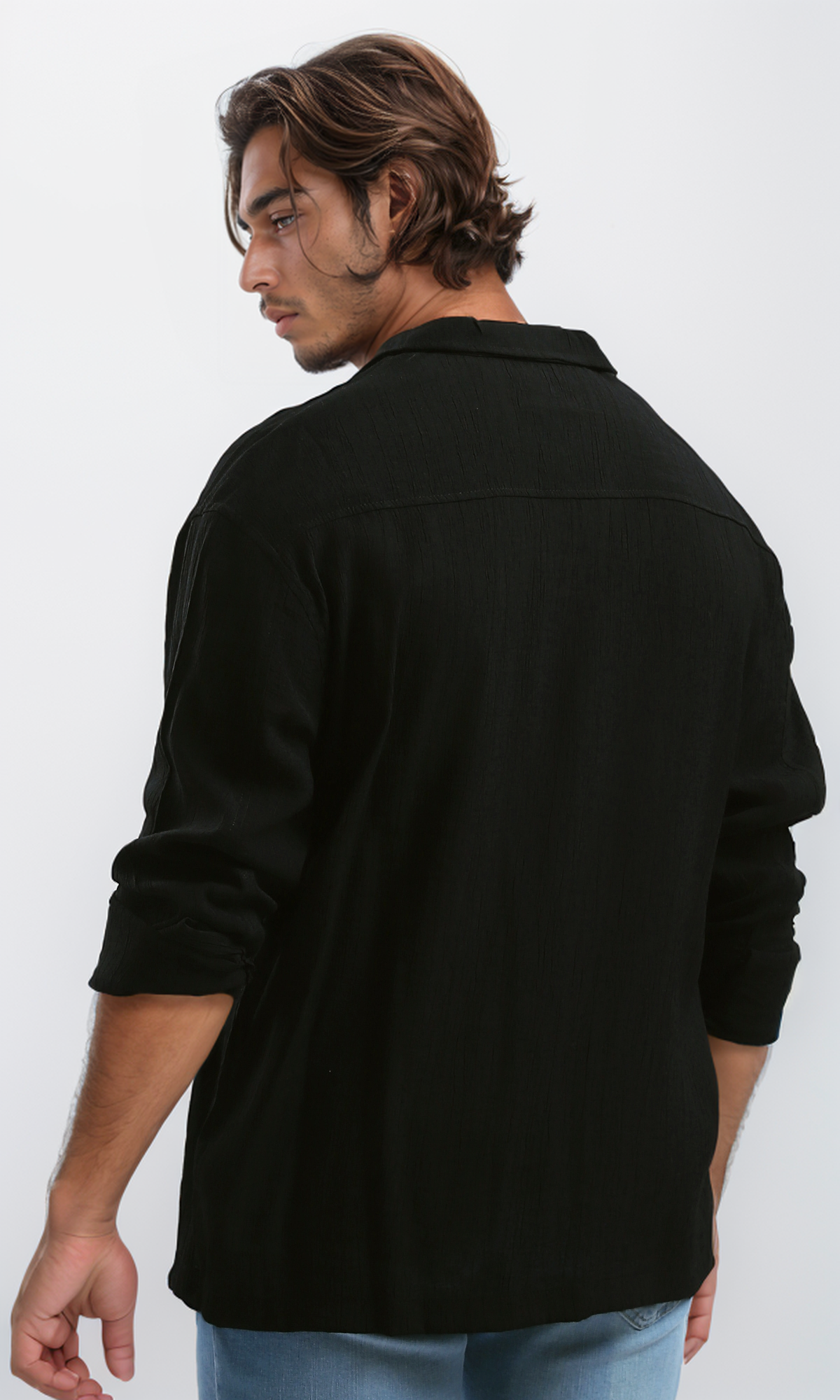 O192319 Full Buttons Long Sleeves Casual Black Shirt