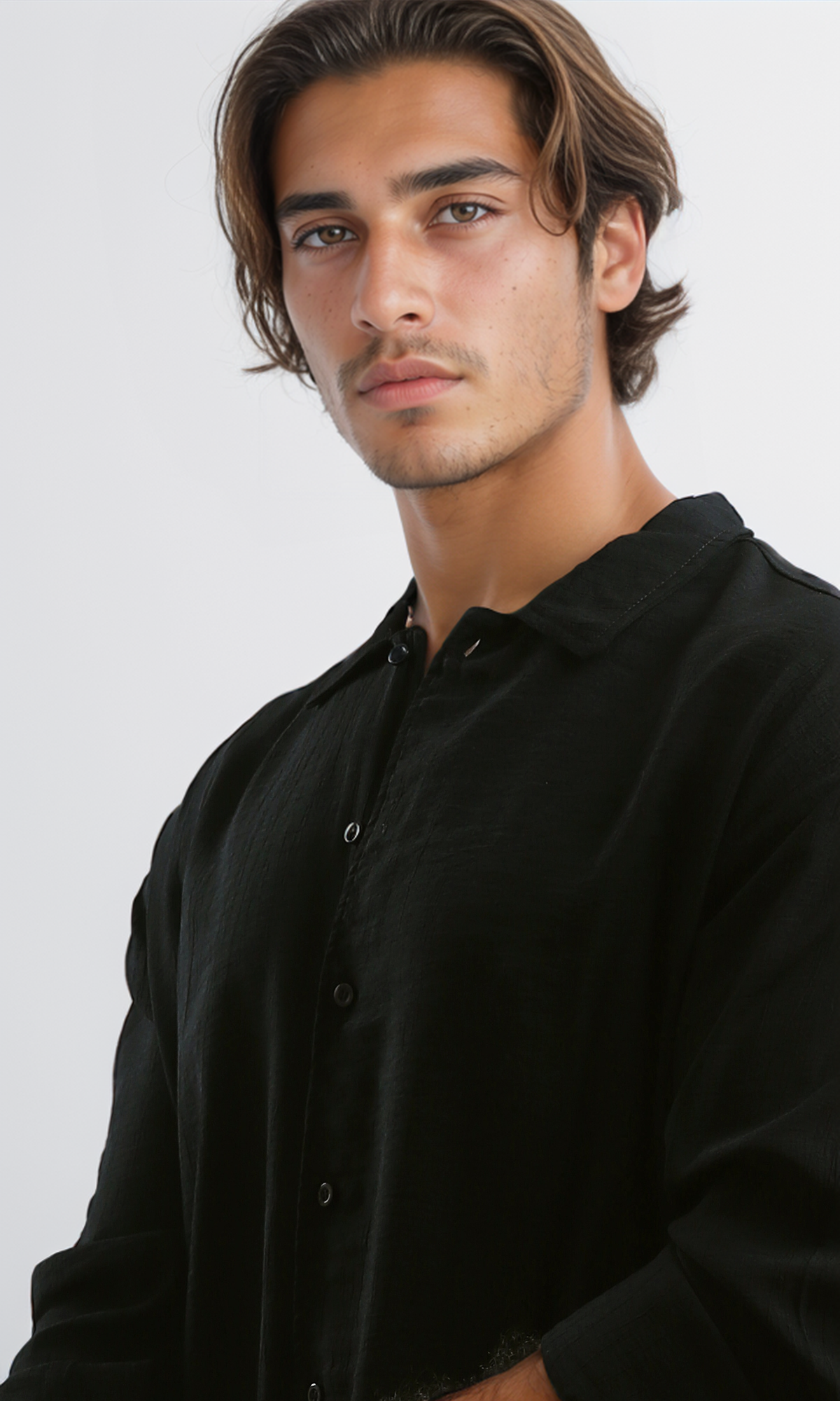 O192319 Full Buttons Long Sleeves Casual Black Shirt
