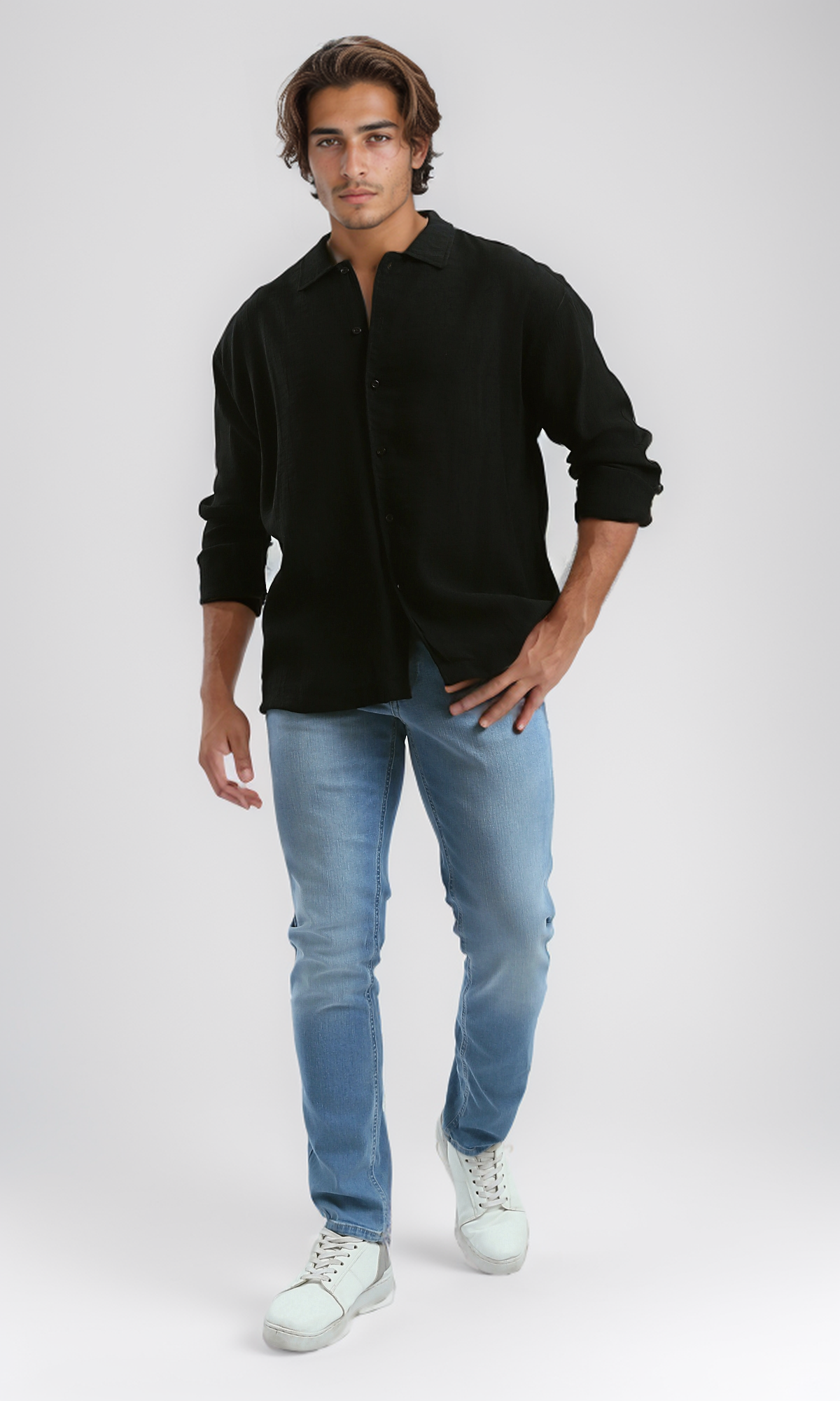 O192319 Full Buttons Long Sleeves Casual Black Shirt