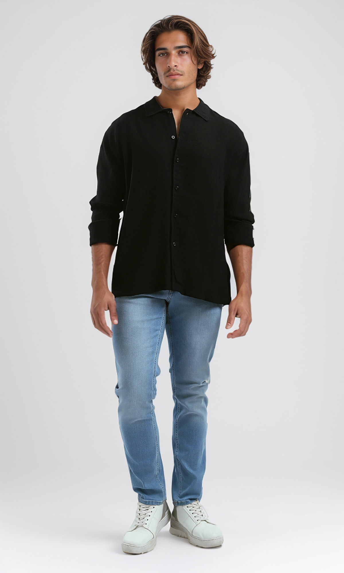 O192319 Full Buttons Long Sleeves Casual Black Shirt