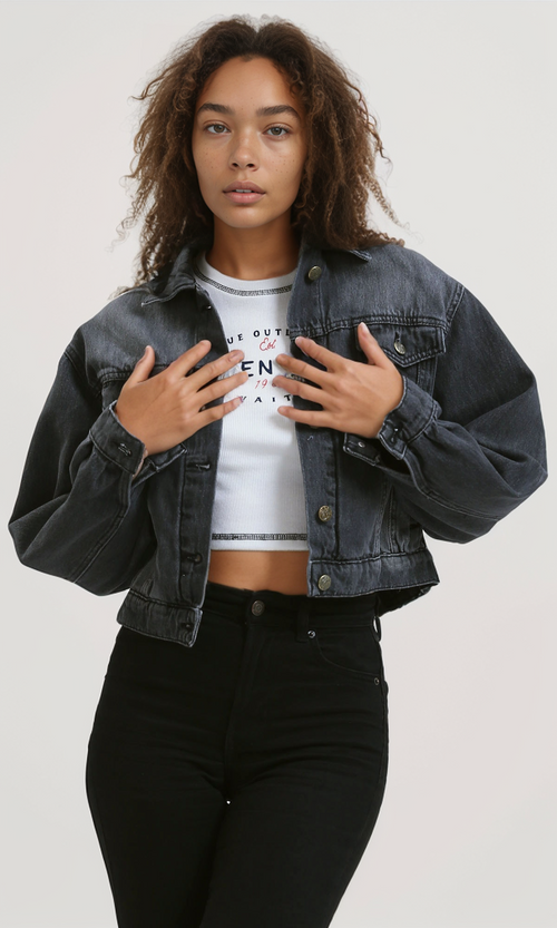 Washed Black Artistic Line Graphic Denim Jacket - O192330