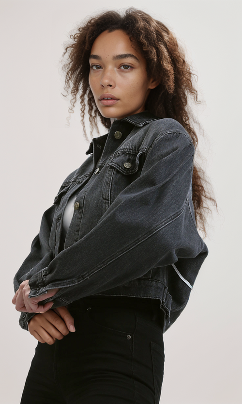 Washed Black Artistic Line Graphic Denim Jacket - O192330