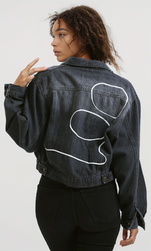Washed Black Artistic Line Graphic Denim Jacket - O192330