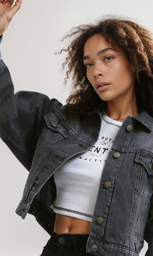 Washed Black Artistic Line Graphic Denim Jacket - O192330