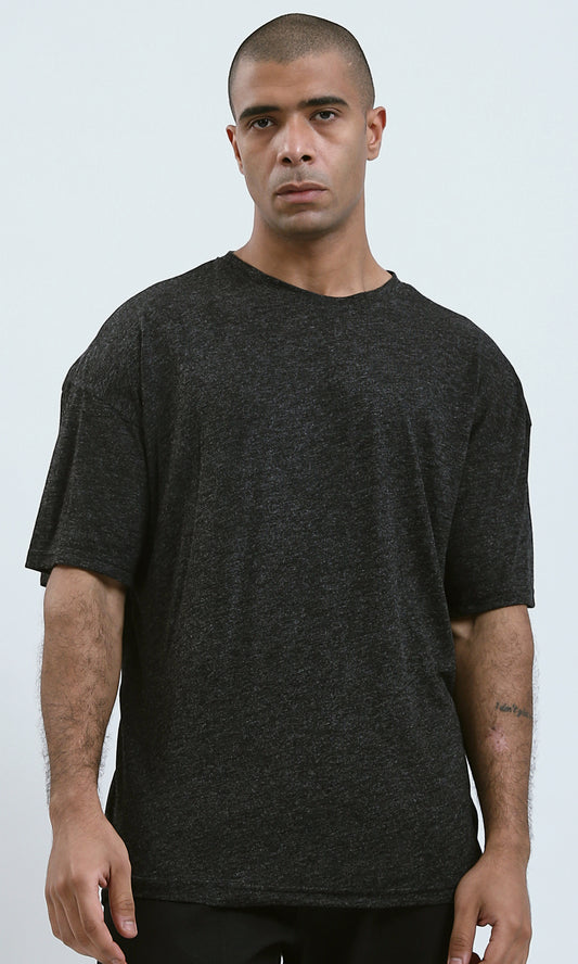 O192451 Fashionable Heather Black Tee With Stitched Details