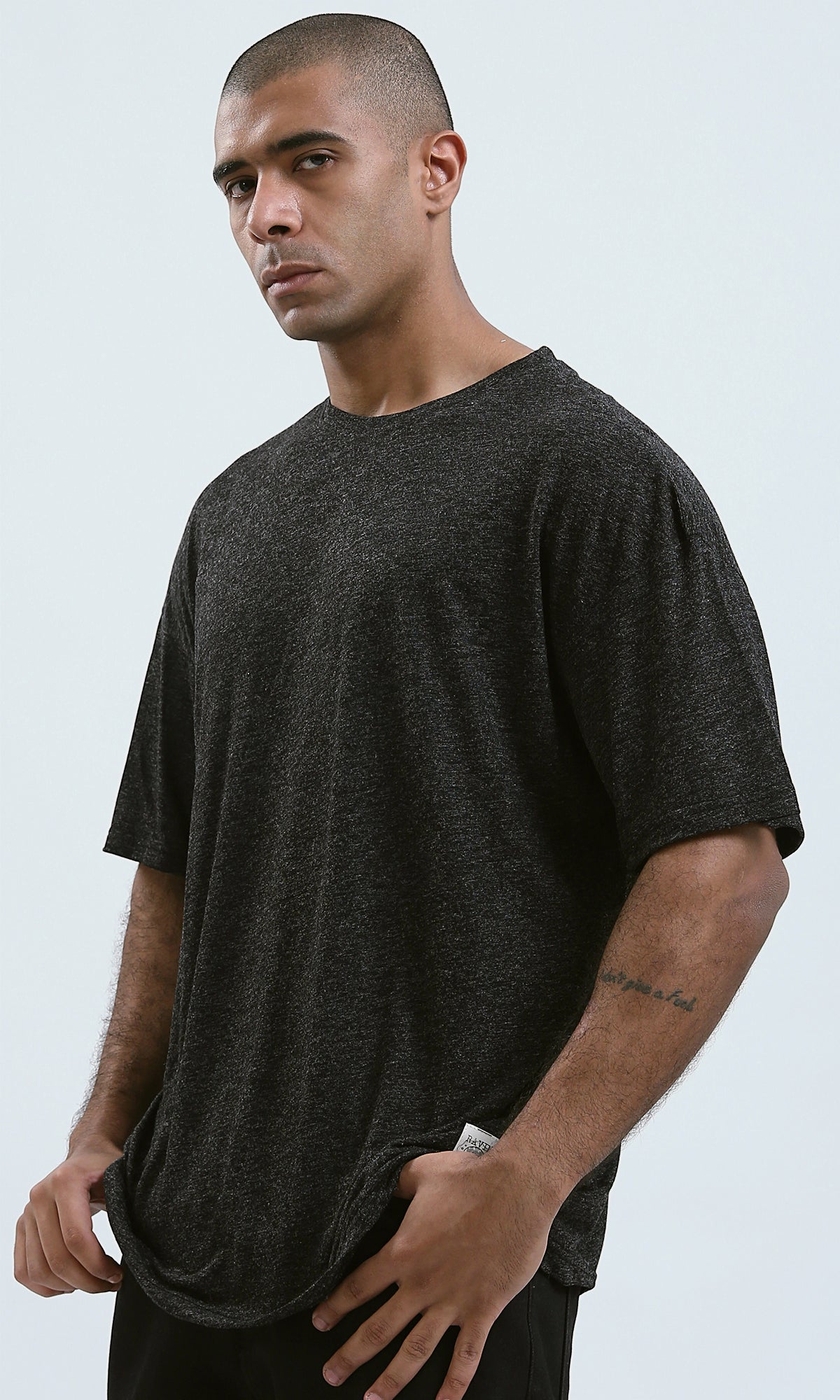 O192451 - Fashionable Heather Black Tee with Stitched Details