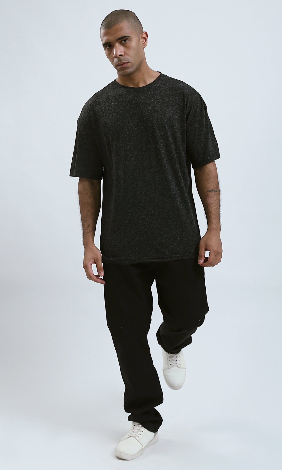 O192451 - Fashionable Heather Black Tee with Stitched Details