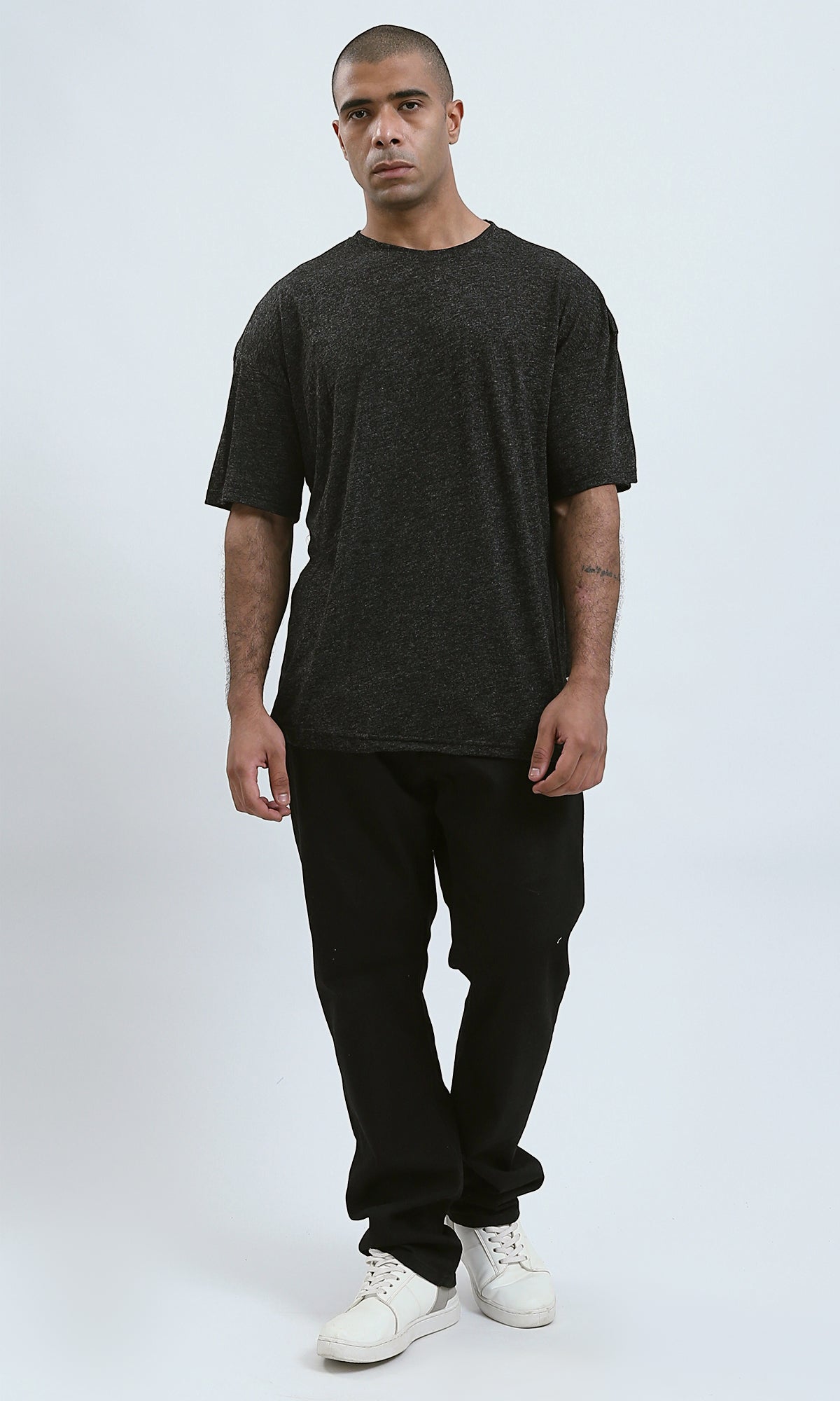 O192451 - Fashionable Heather Black Tee with Stitched Details