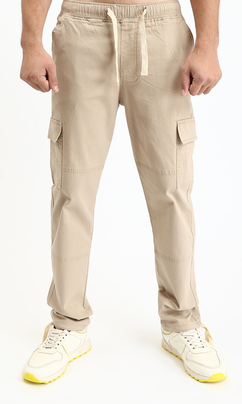 O192460 - Casual Cargo Pants with Elastic Waist - Dark Beige