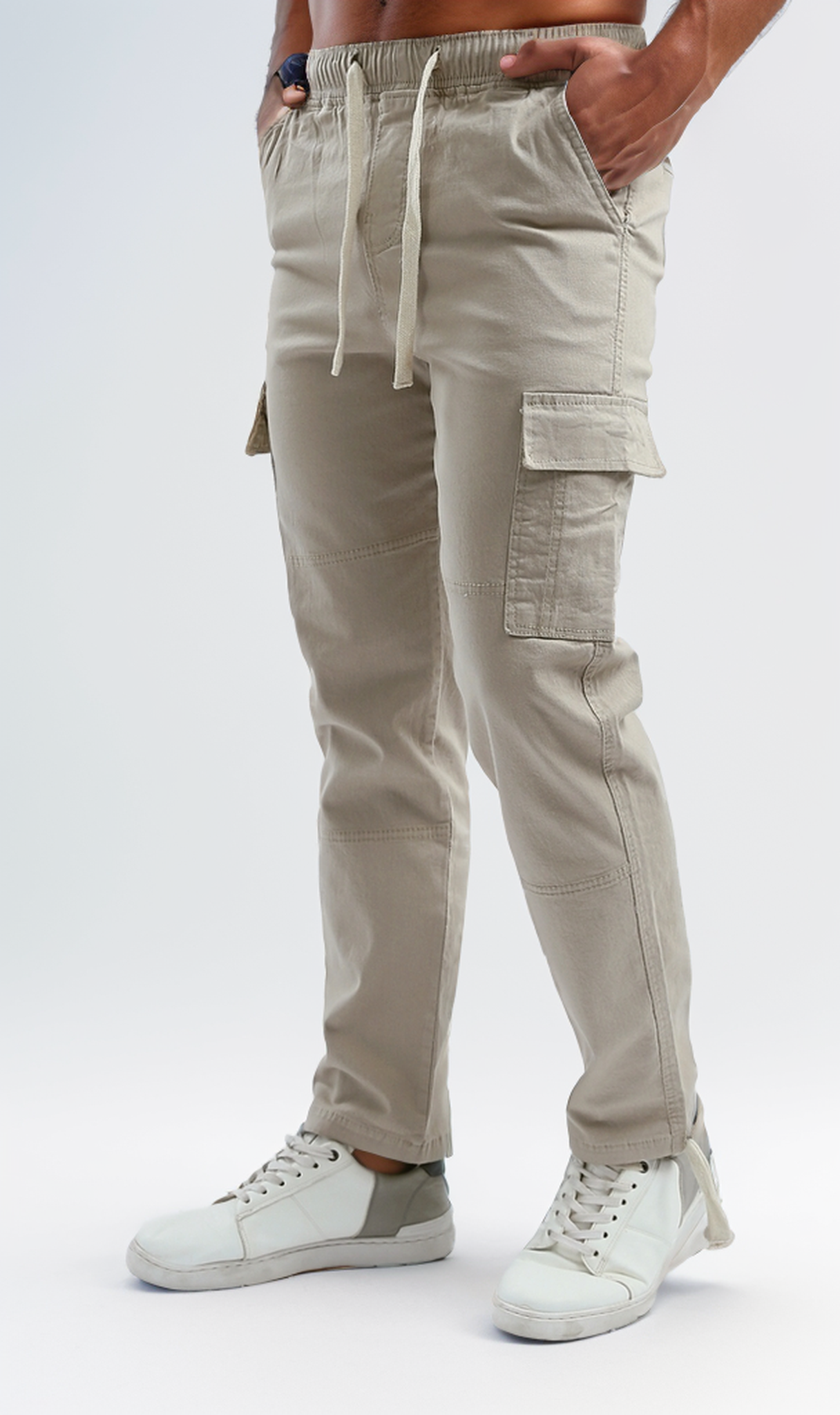 O192460 Slip On Beige Casual Cargo Pants