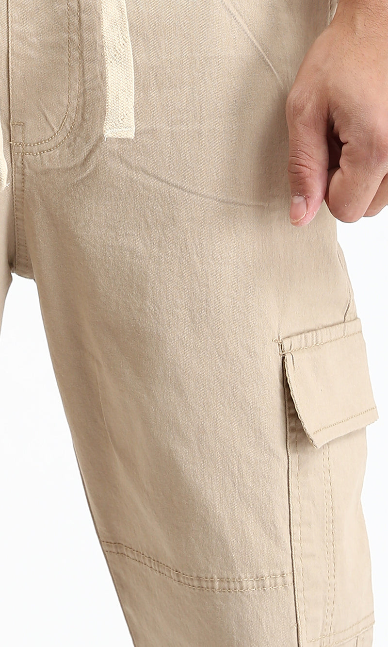 O192460 - Casual Cargo Pants with Elastic Waist - Dark Beige
