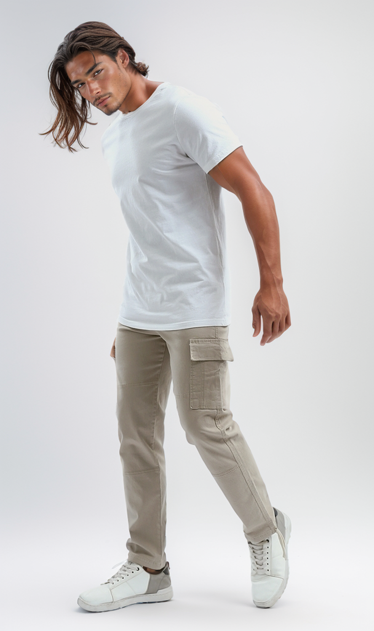 O192460 Slip On Beige Casual Cargo Pants