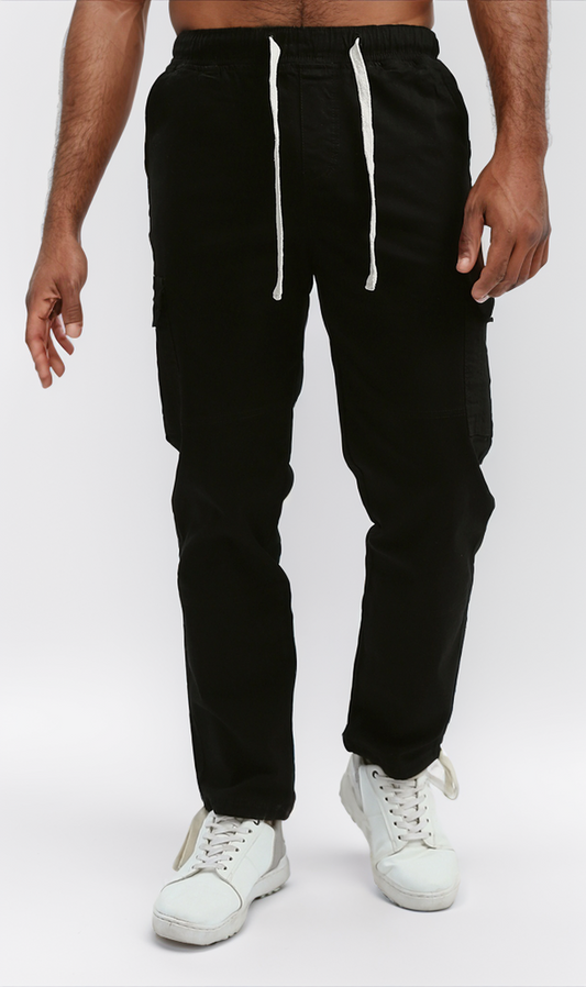 O192461 Cotton Cargo Pants With Elastic Waist - Black